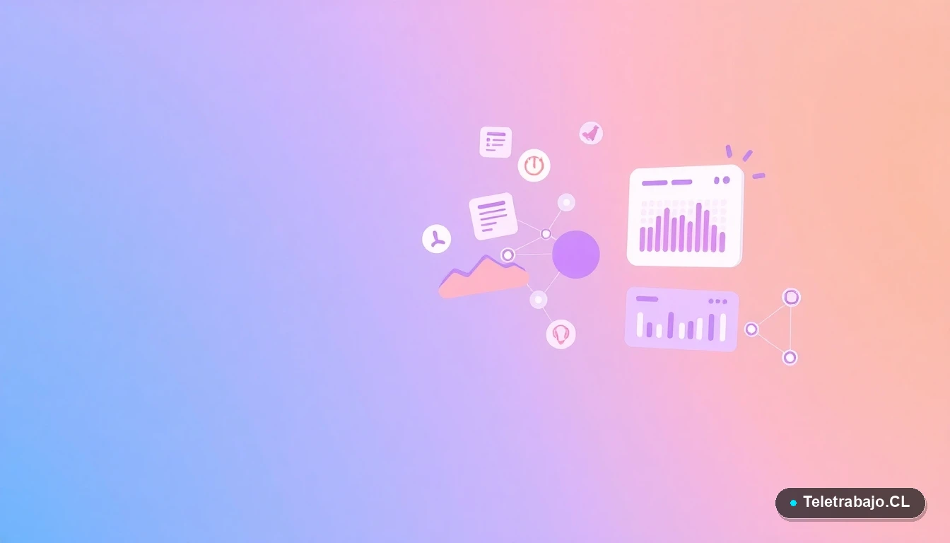 Elementos de interfaz de usuario abstractos y modernos que representan planificación de proyectos: gráficos flotantes, calendario y diagramas, sobre fondo degradado.