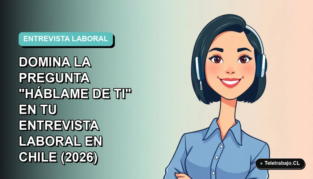 Ilustración plana de una mujer profesional chilena con blusa azul y pelo corto, sonriendo con confianza, sobre fondo degradado azul verdoso. Espacio negativo a la izquierda.