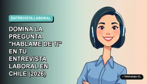Ilustración plana de una mujer profesional chilena con blusa azul y pelo corto, sonriendo con confianza, sobre fondo degradado azul verdoso. Espacio negativo a la izquierda.