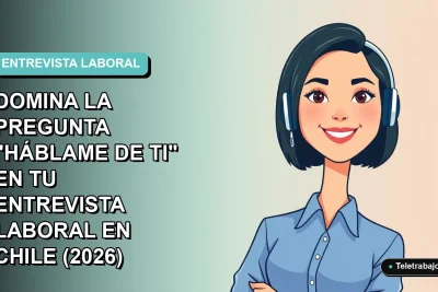 Ilustración plana de una mujer profesional chilena con blusa azul y pelo corto, sonriendo con confianza, sobre fondo degradado azul verdoso. Espacio negativo a la izquierda.