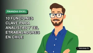 Ilustración vectorial plana de un hombre profesional chileno trabajando remotamente, con fondo degradado verde azulado. Representa el dominio de las finanzas usando Excel.