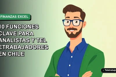 Ilustración vectorial plana de un hombre profesional chileno trabajando remotamente, con fondo degradado verde azulado. Representa el dominio de las finanzas usando Excel.