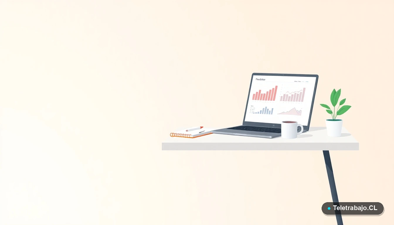Escritorio moderno minimalista con laptop mostrando gráficos financieros, taza y planta. Fondo degradado color menta, ilustración vectorial plana para contenido sobre Excel y teletrabajo.