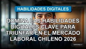Un profesional chileno sonriendo con confianza en una oficina moderna, representando el dominio de habilidades digitales clave para el futuro laboral.