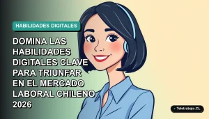 Ilustración plana de mujer profesional chilena sonriente, con blusa azul y corte de pelo bob, sobre fondo degradado verde azulado. Representa el éxito en el mercado laboral digital futuro.