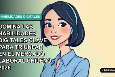Ilustración plana de mujer profesional chilena sonriente, con blusa azul y corte de pelo bob, sobre fondo degradado verde azulado. Representa el éxito en el mercado laboral digital futuro.