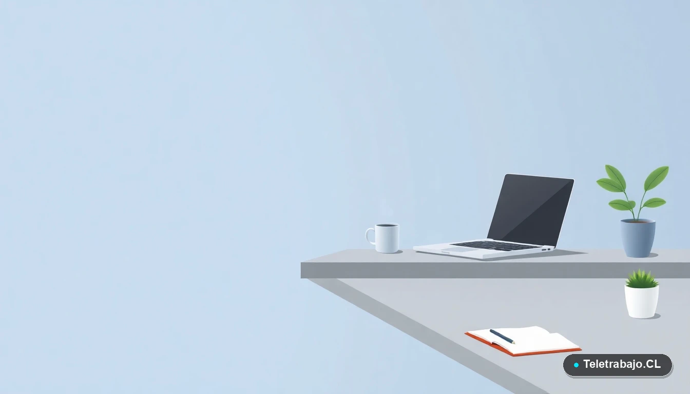 Escritorio moderno minimalista con laptop, cuaderno, taza de café y planta suculenta, ilustrado en estilo plano vectorial sobre fondo degradado azul grisáceo. Representa un espacio de trabajo digital eficiente.