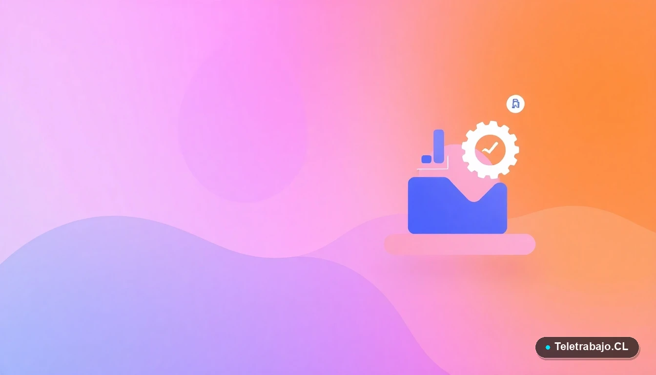 Ilustración abstracta de elementos de UI tecnológicos: gráfico ascendente, engranaje y carpetas, sobre fondo degradado lila. Concepto de datos, procesos y organización para entrevistas.