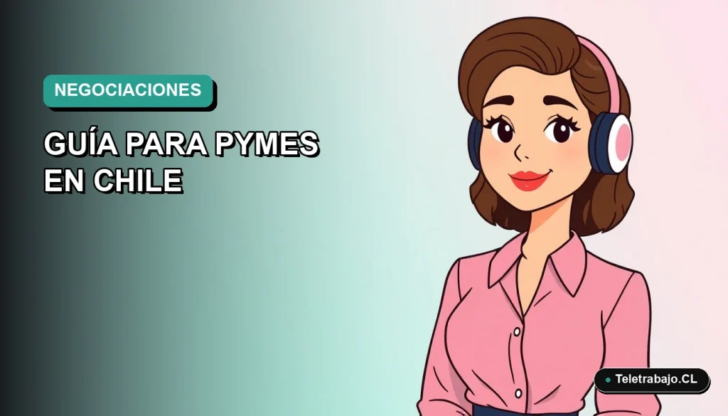 Ilustración plana de mujer profesional de teletrabajo sonriente, con fondo degradado azul verdoso, para curso SENCE de negociaciones en inglés para pymes chilenas.