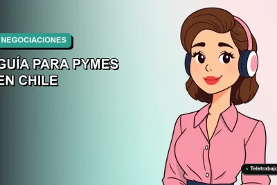 Ilustración plana de mujer profesional de teletrabajo sonriente, con fondo degradado azul verdoso, para curso SENCE de negociaciones en inglés para pymes chilenas.