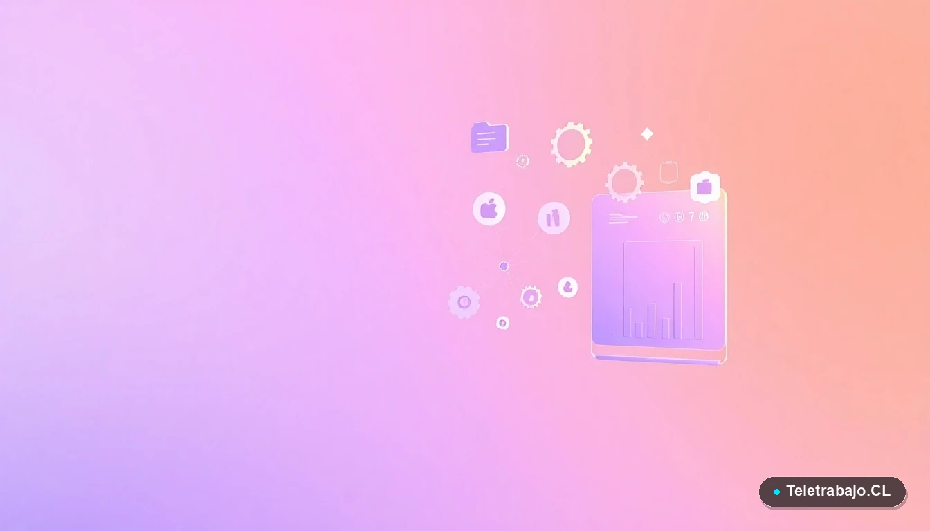 Elementos de interfaz de usuario abstractos y modernos, como gráficos y engranajes flotantes, con fondo degradado lavanda, representando conceptos de negociación y tecnología.