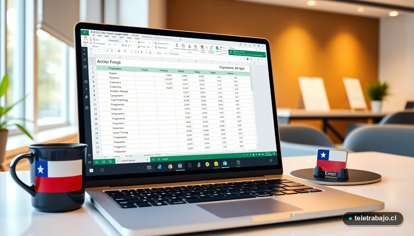 Interfaz moderna de Microsoft Excel 2026 mostrando nuevas funciones de IA y matrices dinámicas en un entorno laboral chileno.