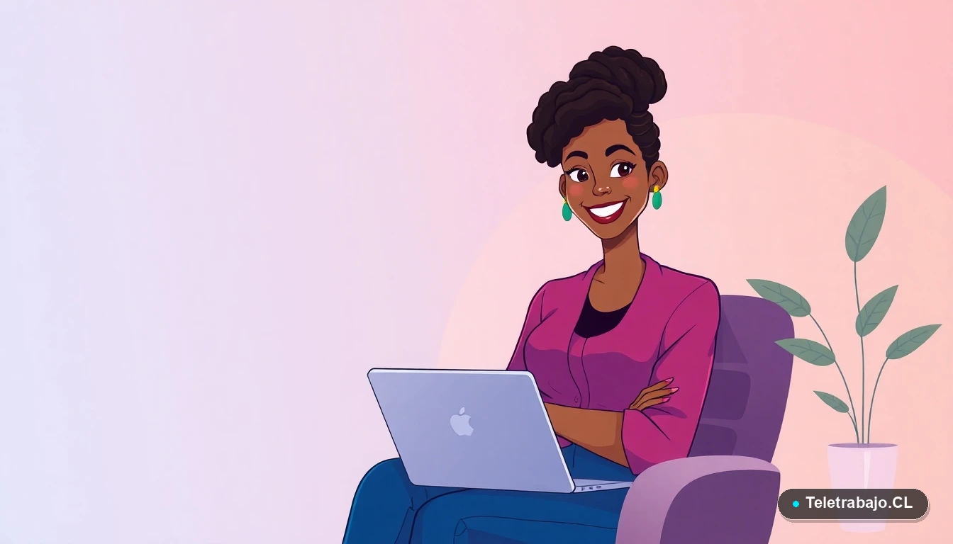 Profesional chilena preparada para una entrevista de teletrabajo, sonriendo con confianza en su espacio de trabajo remoto.