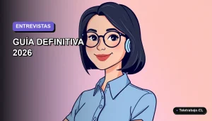 Ilustración plana de una mujer profesional chilena con blusa azul y corte bob, sonriendo con confianza, sobre fondo degradado lavanda suave, para guía de entrevistas laborales 2026.