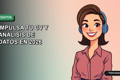 Ilustración vectorial plana de una mujer profesional de teletrabajo sonriendo, con fondo degradado verde y azul. Representa el dominio de Excel y análisis de datos.