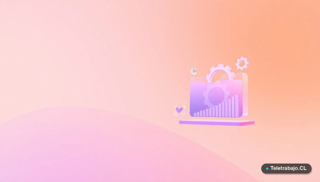 Ilustración abstracta de interfaz de usuario con gráficos flotantes, engranajes y carpetas en colores lavanda y durazno, sobre fondo degradado. Concepto de análisis de datos y tecnología.