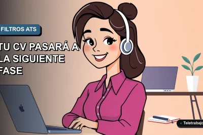 Ilustración plana de trabajadora remota feliz junto a elementos de escritorio moderno, fondo degradado azul, concepto de currículum y reclutamiento tecnológico.