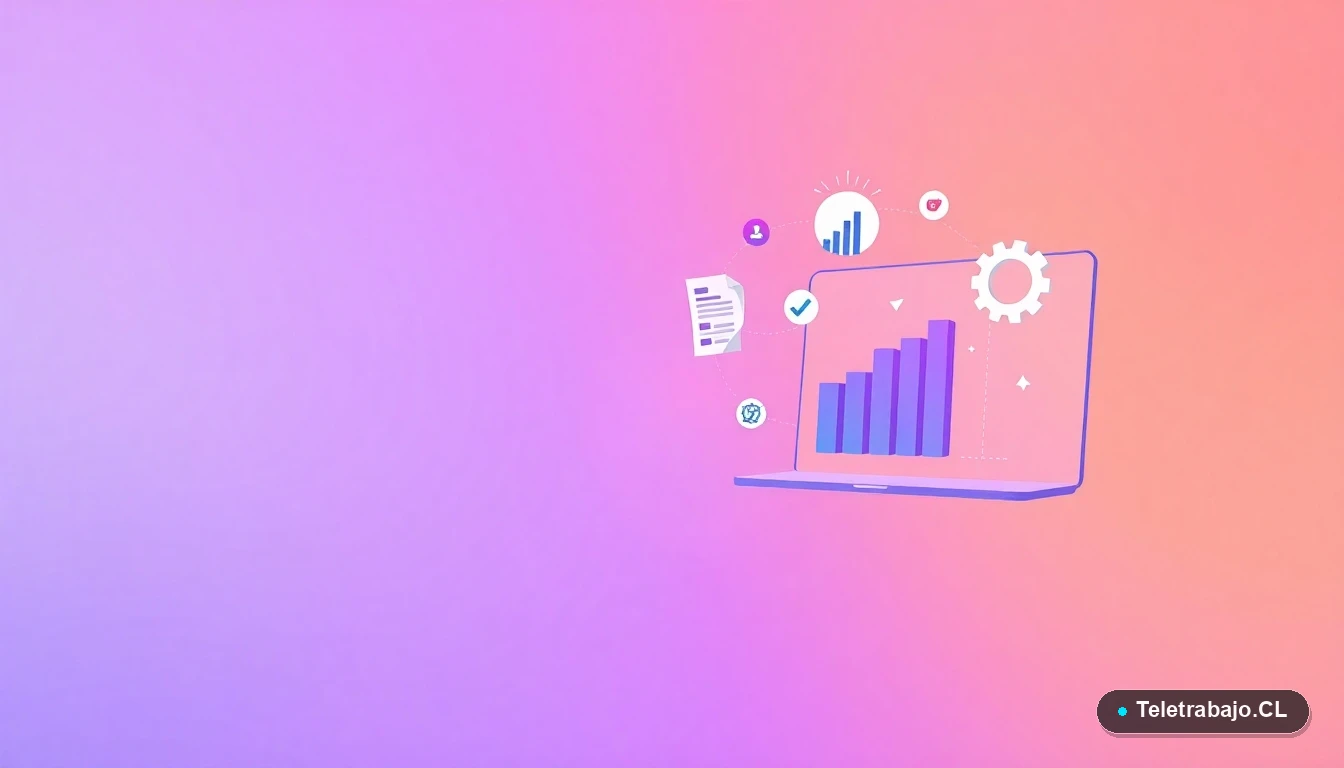 Ilustración abstracta de interfaz tecnológica con gráficos y documentos flotantes, concepto de sistema ATS filtrando currículums, fondo degradado lila y melocotón.