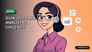 Analista chileno sonriendo junto a iconos de gráficos y filtros de Excel, ilustración plana corporativa sobre fondo degradado.