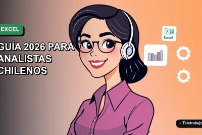 Analista chileno sonriendo junto a iconos de gráficos y filtros de Excel, ilustración plana corporativa sobre fondo degradado.
