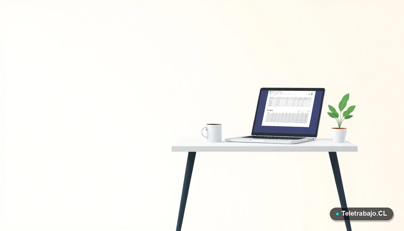 Escritorio moderno con laptop mostrando Excel, taza de café y planta, ilustración plana minimalista sobre fondo degradado mint.