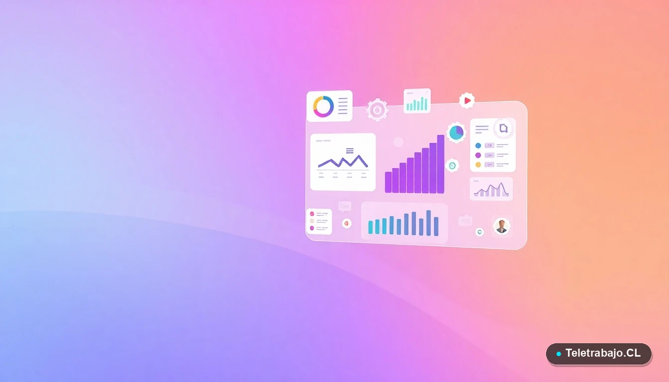 Interfaz de usuario abstracta con gráficos flotantes, iconos de filtro y engranajes de datos, representando el funcionamiento de tablas dinámicas en Excel.