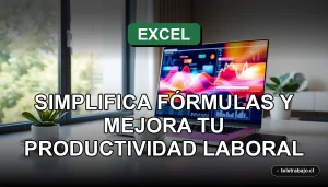 Pantalla de laptop mostrando gráficos abstractos de colores con fórmulas de Excel, concepto de productividad laboral y oficina moderna.