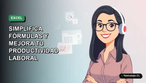 Ilustración plana corporativa de una trabajadora remota feliz junto a una interfaz de Excel con gráficos flotantes, sobre un fondo degradado verde suave.