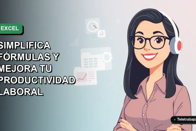 Ilustración plana corporativa de una trabajadora remota feliz junto a una interfaz de Excel con gráficos flotantes, sobre un fondo degradado verde suave.