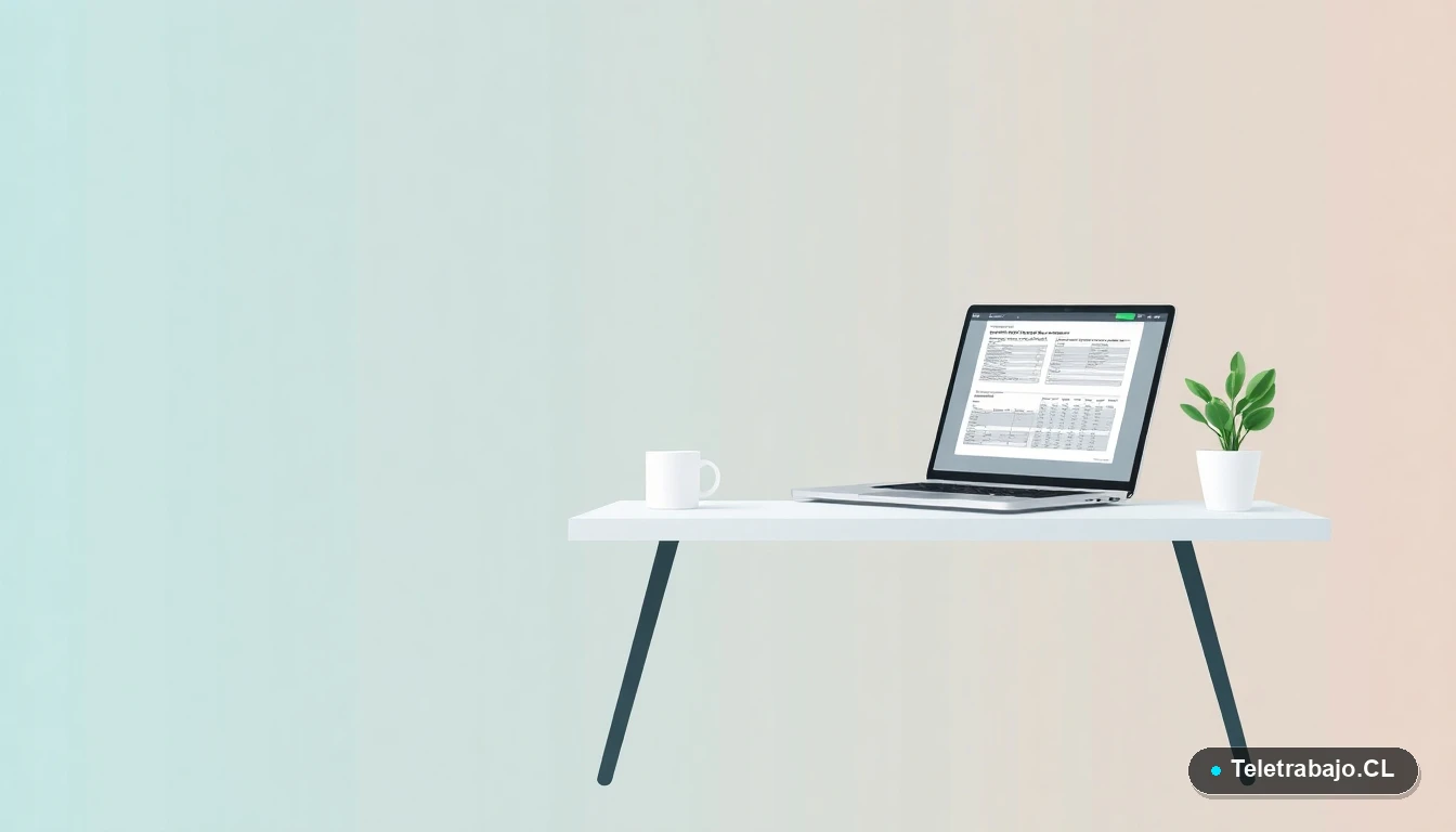 Escritorio moderno minimalista con laptop, taza de café y planta, sobre fondo degradado azul verdoso, representando productividad y organización en Excel.