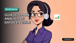 Ilustración plana corporativa de una mujer chilena profesional trabajando de forma remota con gráficos de Excel en su pantalla. Fondo con gradiente suave de color verde azulado.