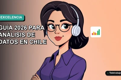 Ilustración plana corporativa de una mujer chilena profesional trabajando de forma remota con gráficos de Excel en su pantalla. Fondo con gradiente suave de color verde azulado.