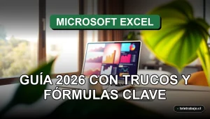 Guía avanzada de Microsoft Excel 2026 para profesionales en teletrabajo en Chile, mostrando un entorno de oficina en casa premium.