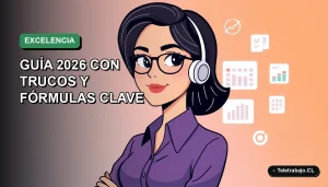 Ilustración vectorial plana moderna de una mujer profesional chilena teletrabajando, con gráficos de Excel flotantes al lado, fondo con degradado suave.
