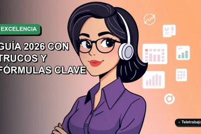 Ilustración vectorial plana moderna de una mujer profesional chilena teletrabajando, con gráficos de Excel flotantes al lado, fondo con degradado suave.