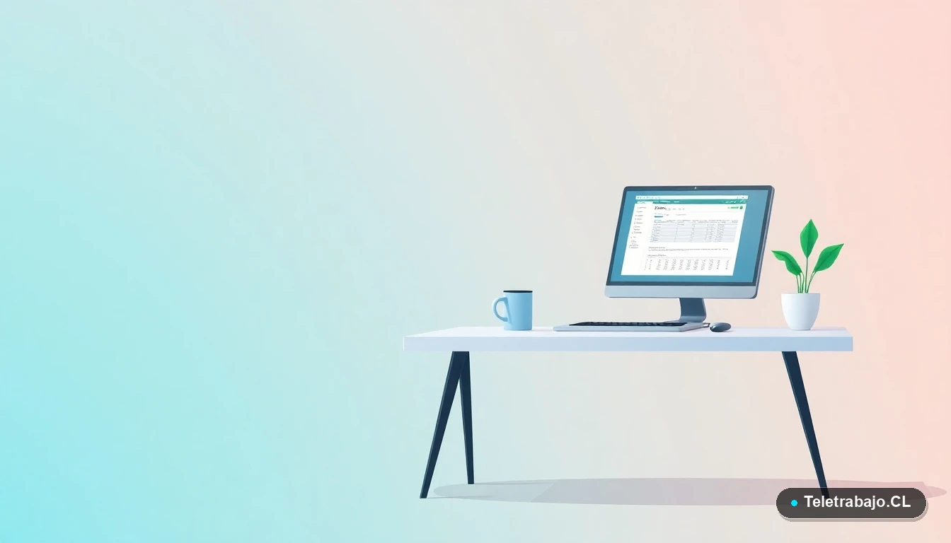 Escritorio moderno minimalista para teletrabajo con laptop mostrando Excel, taza de café y planta, ilustración vectorial plana con fondo degradado.