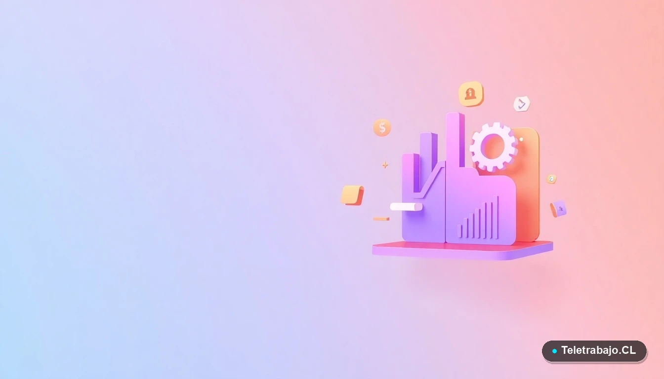 Interfaz de usuario abstracta con gráficos flotantes, engranajes y carpetas en tonos lavanda y durazno, sobre fondo degradado. Representa el análisis de datos avanzado y las herramientas de Power Pivot en Excel.