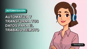 Ilustración plana corporativa de una mujer profesional trabajando remotamente con datos en Excel, fondo degradado suave.