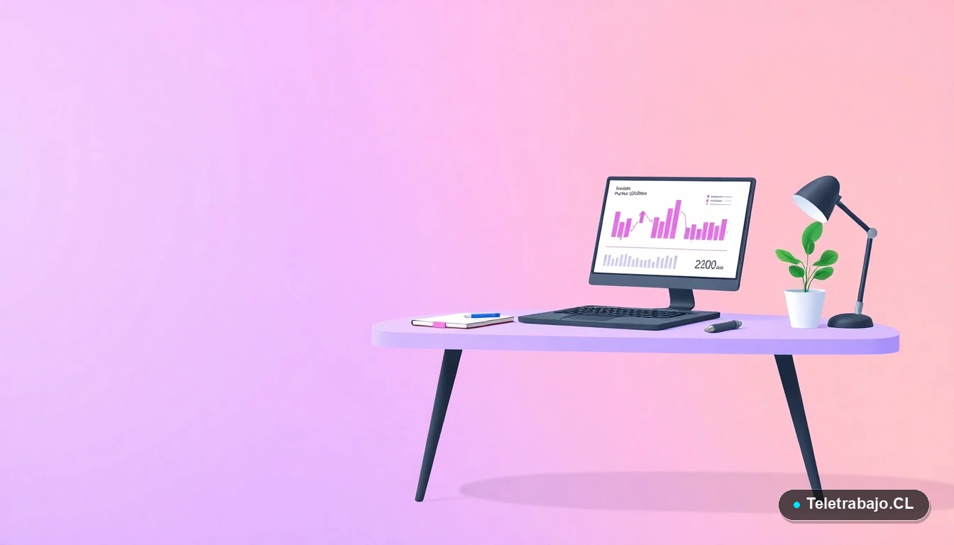 Escritorio moderno minimalista con laptop mostrando gráficos de datos, ilustración plana para trabajo remoto, fondo degradado lila.