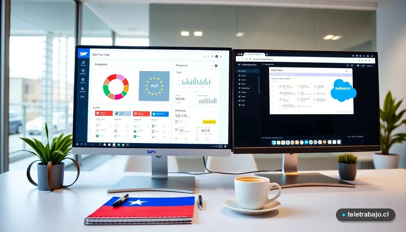 Escritorio profesional en Chile mostrando tutoriales de software SAP y Salesforce CRM en pantallas duales