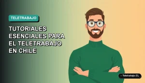 Ilustración plana corporativa de un trabajador remoto en Chile, con fondo degradado azul verdoso, dominando plataformas SAP, Salesforce y HubSpot.