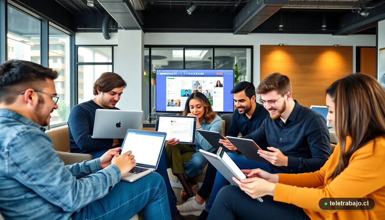Jóvenes profesionales chilenos colaborando con herramientas digitales como Slack, Microsoft Teams, Trello y Zoom en un entorno moderno.