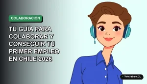 Ilustración plana corporativa de una mujer profesional chilena sonriente, con blusa azul, en un fondo degradado verde suave. Representa el dominio de herramientas digitales para el teletrabajo.