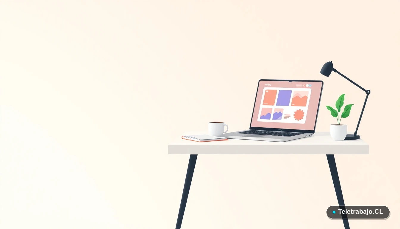 Escritorio moderno minimalista para teletrabajo con laptop, cuaderno, taza de café y una planta, en estilo de ilustración vectorial plana sobre fondo degradado menta.