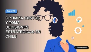 Ilustración vectorial plana de una mujer profesional chilena con blusa azul y lentes, sonriendo, sobre un fondo degradado azul y blanco. A su derecha, gráficos abstractos flotantes representan análisis de datos. Espacio negativo a la izquierda.