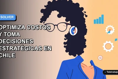 Ilustración vectorial plana de una mujer profesional chilena con blusa azul y lentes, sonriendo, sobre un fondo degradado azul y blanco. A su derecha, gráficos abstractos flotantes representan análisis de datos. Espacio negativo a la izquierda.