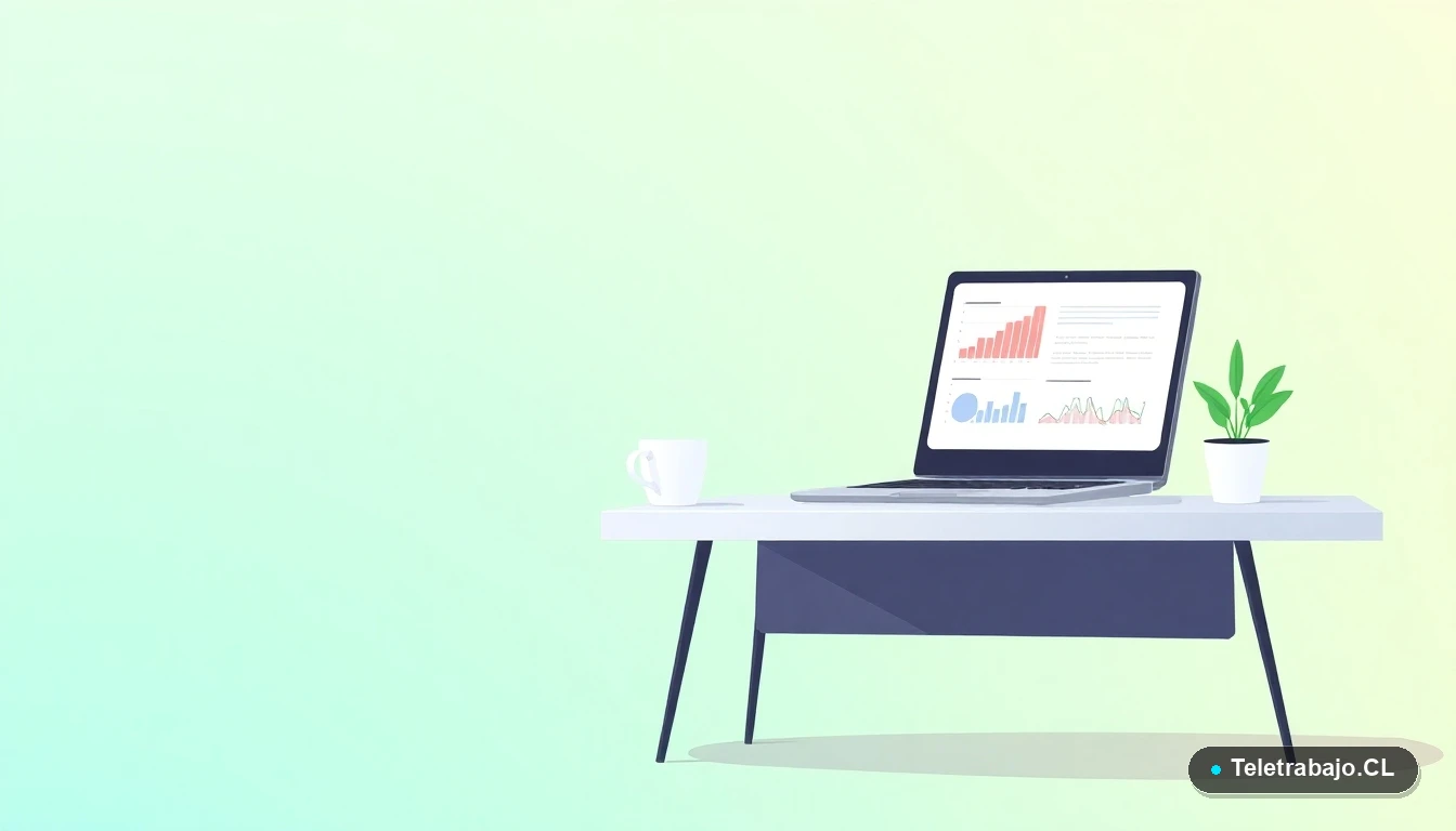 Escritorio moderno vacío con laptop mostrando gráficos, taza de café y planta, sobre fondo degradado de menta y verde azulado. Ilustración vectorial plana para artículo sobre herramientas de análisis.
