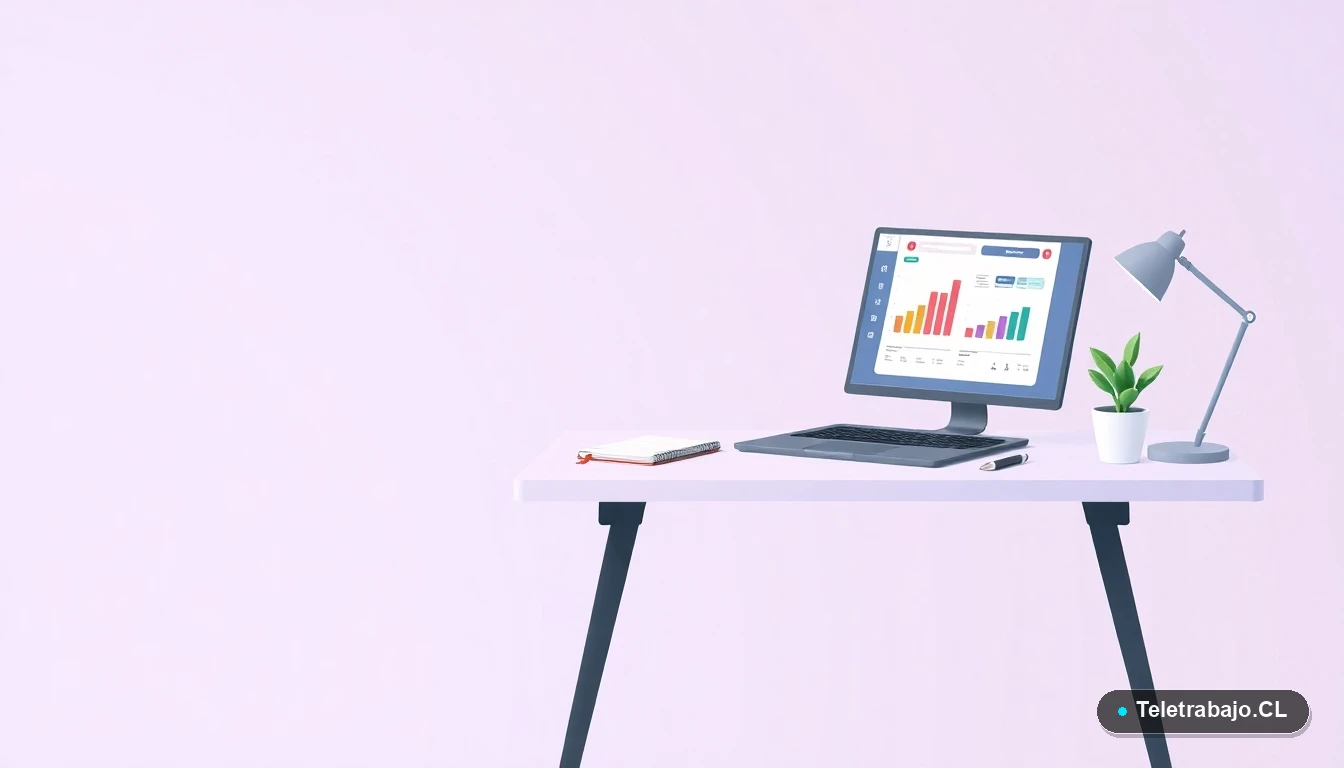 Escritorio moderno minimalista con laptop abierto mostrando gráficos, cuaderno y una planta suculenta, sobre fondo degradado lila y gris. Representa un espacio de trabajo limpio para el análisis de datos.