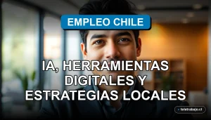 Un profesional latino en una oficina moderna mira con confianza a la cámara, representando el dominio de la búsqueda de empleo con IA y herramientas digitales en Chile.