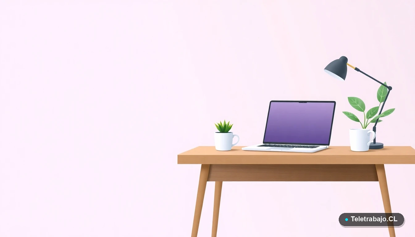 Escritorio moderno minimalista con laptop, planta suculenta y taza de café, ilustración vectorial plana. Fondo con gradiente de lavanda.